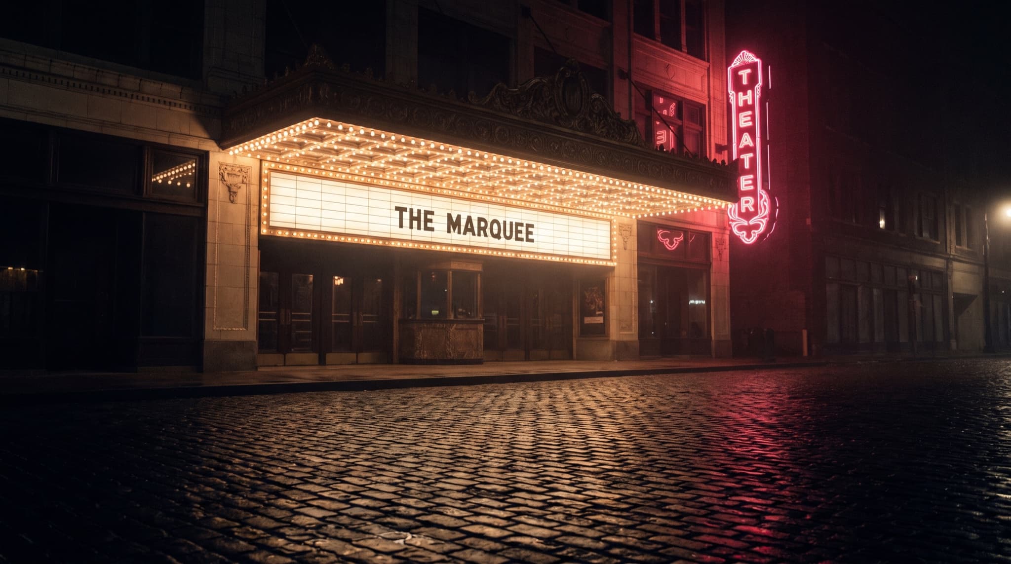 A lit theater marquee reading your name on the marquee, on a dark cobblestone street