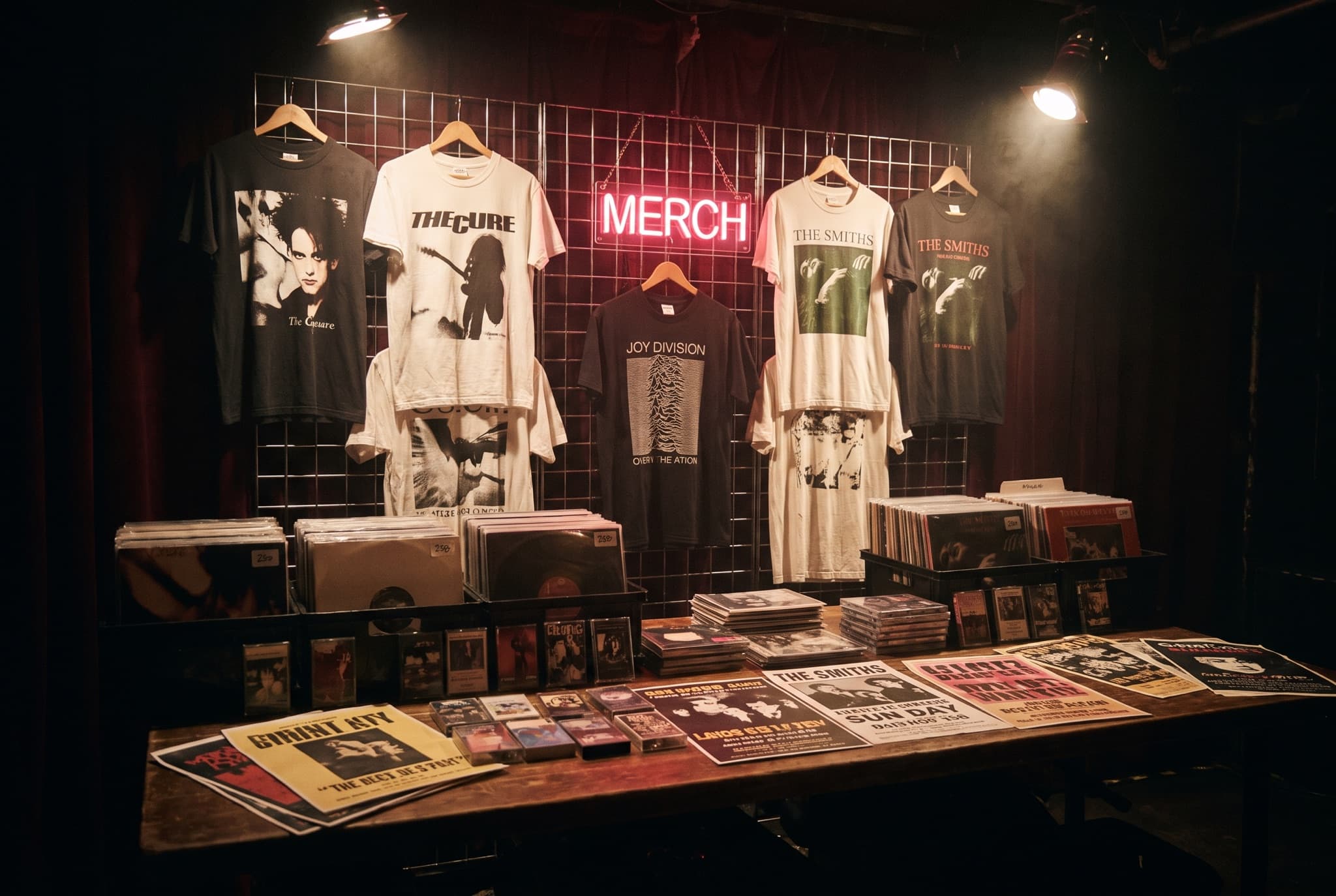 A merch table with tees, vinyl, and posters under a neon merch sign
