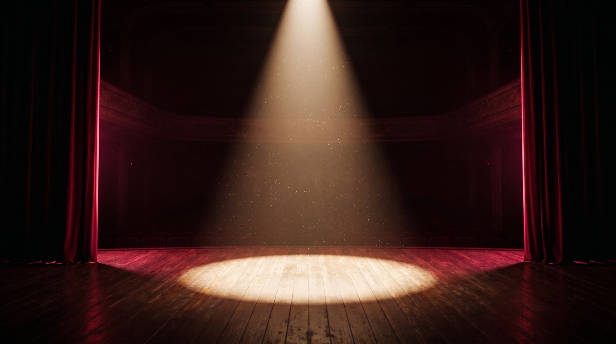 A single spotlight on an empty stage framed by neon-edged curtains