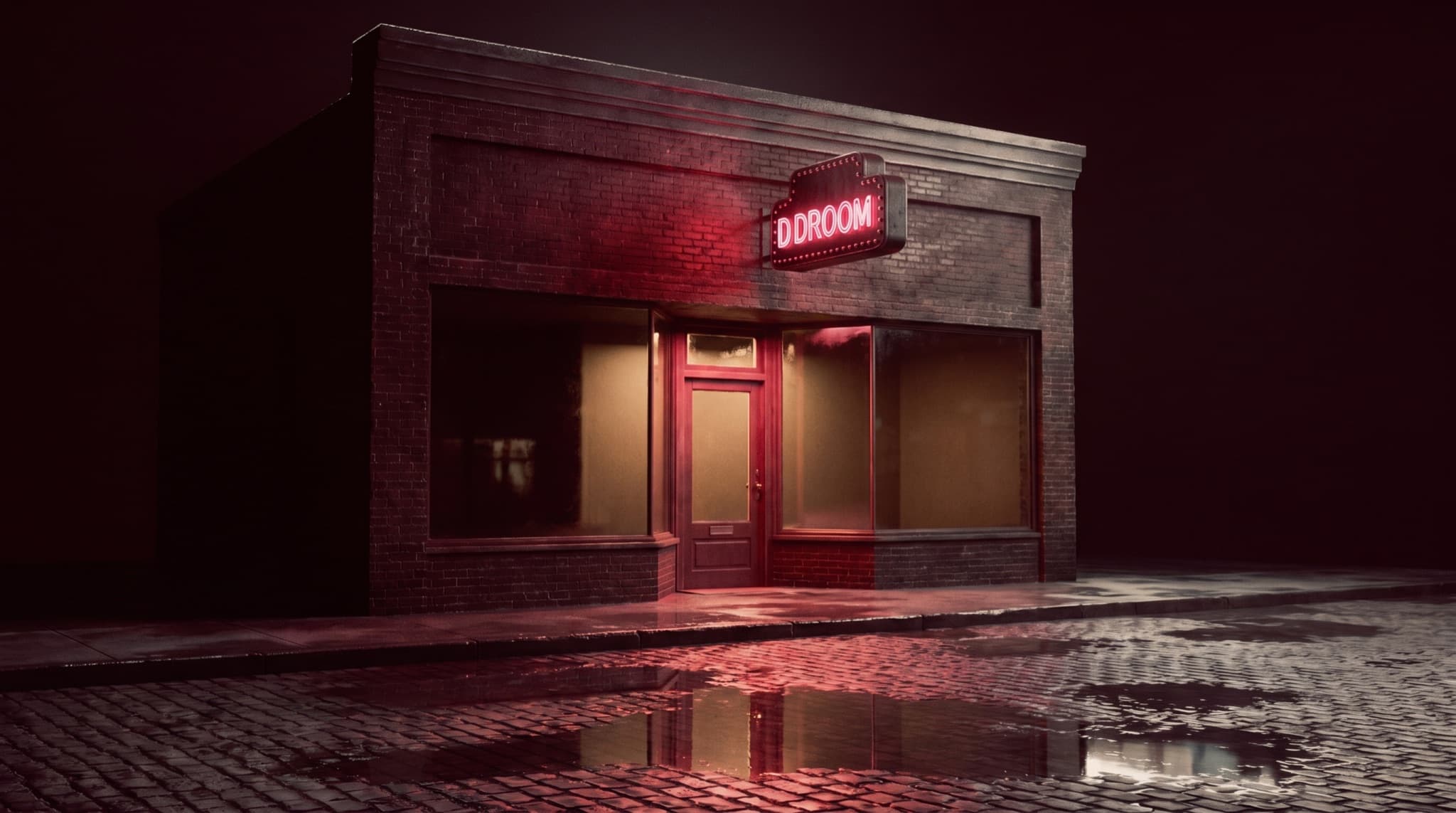 A lit tenant storefront page glowing on a dark stage