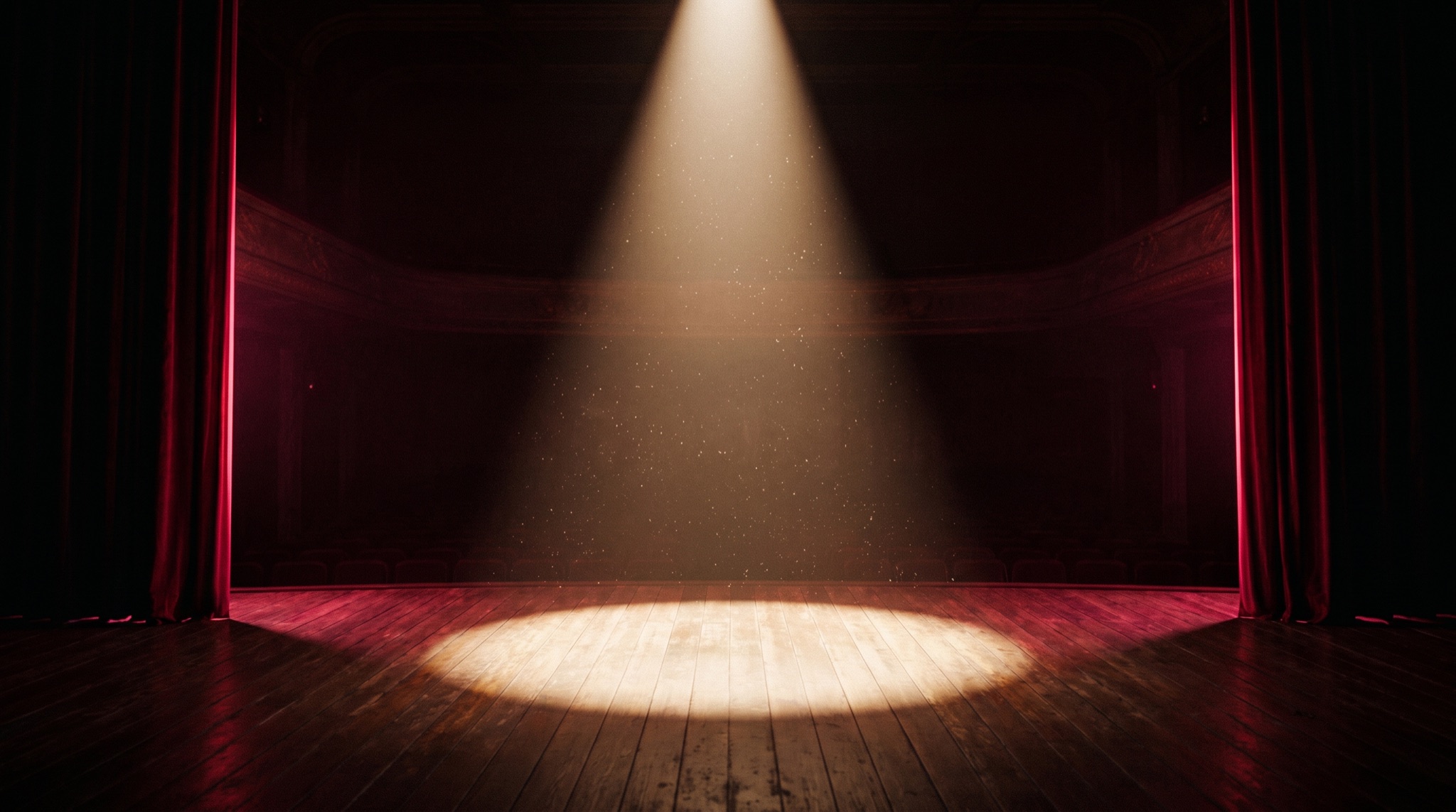 A single spotlight on an empty stage framed by neon-edged curtains